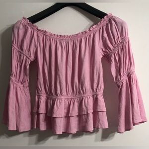 Forever 21 blouse off the shoulder flares long sleeves hems pull over pink. L